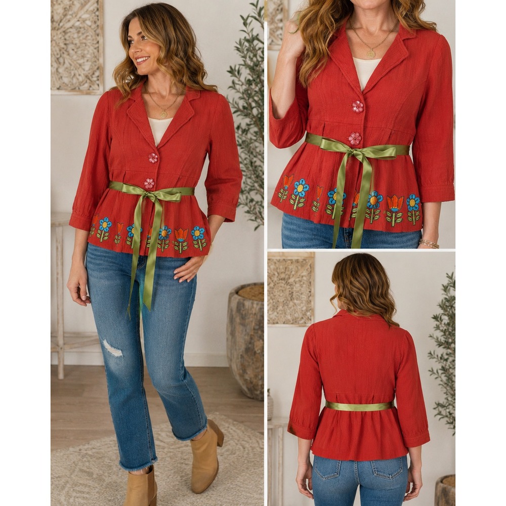 Ivy Jane Jacket Rust Orange Floral Embroidered Ribbon Tie‎ Cottagecore Boho M